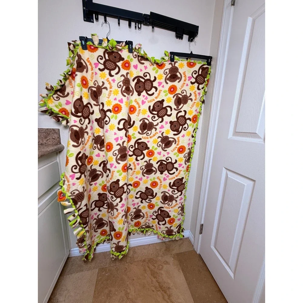 Little Monkey Baby Fleece Fringed Blanket Bright Flowers Hearts 52x58 Throw